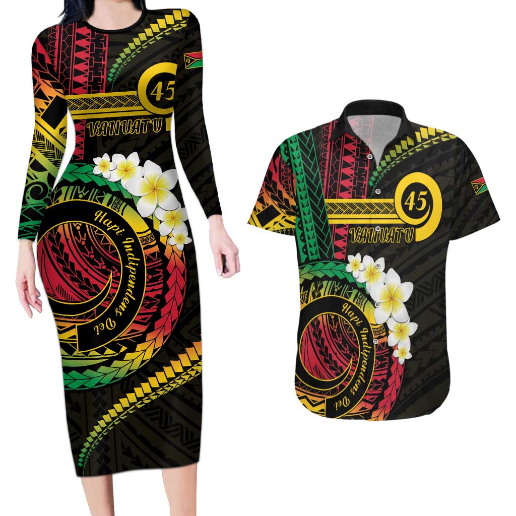 Vanuatu Independence Day Couples Matching Long Sleeve Bodycon Dress and Hawaiian Shirt Yumi 45th Hapi Indipendens Dei LT01
