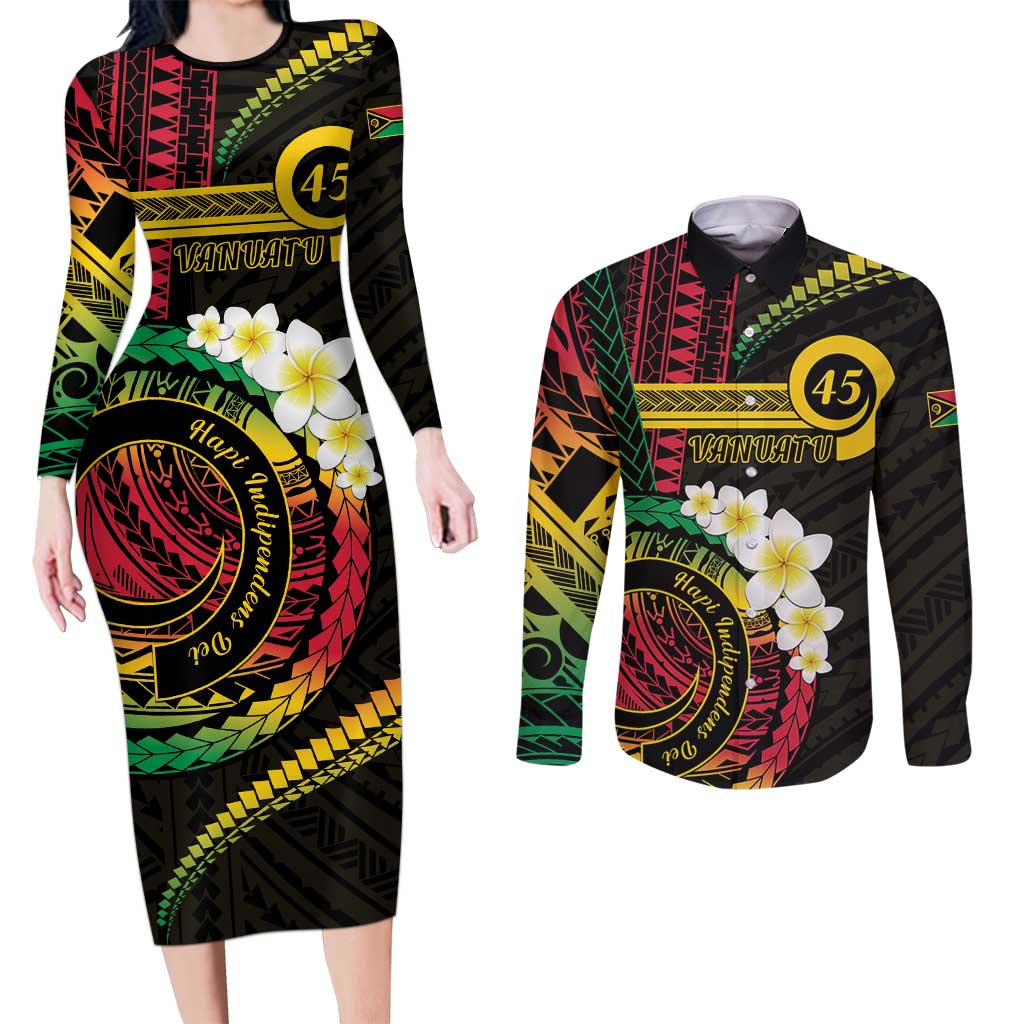 Vanuatu Independence Day Couples Matching Long Sleeve Bodycon Dress and Long Sleeve Button Shirt Yumi 45th Hapi Indipendens Dei LT01