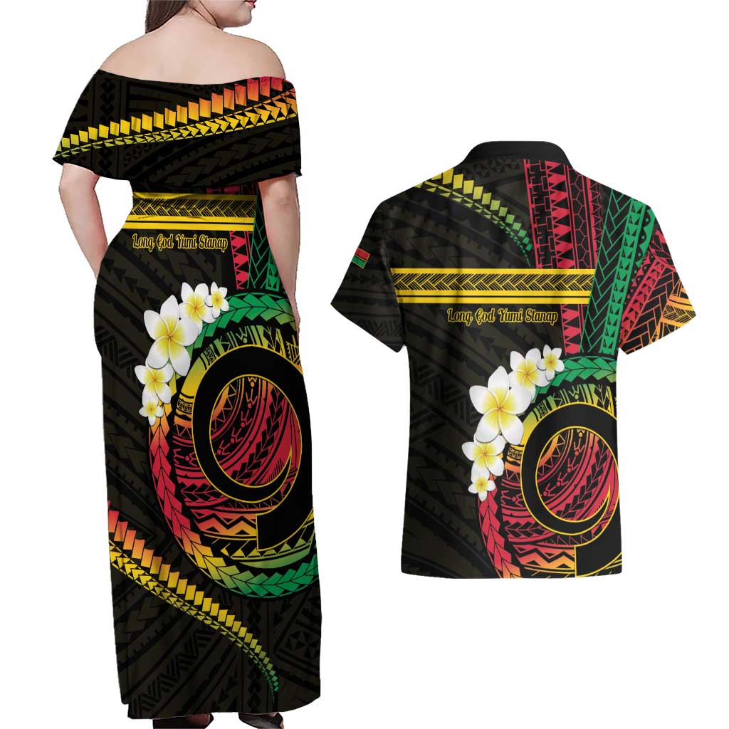 Vanuatu Independence Day Couples Matching Off Shoulder Maxi Dress and Hawaiian Shirt Yumi 45th Hapi Indipendens Dei LT01