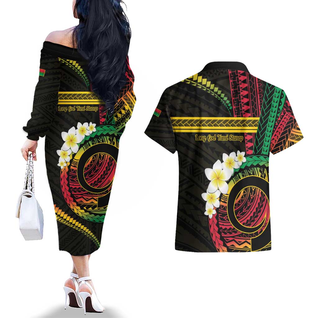Vanuatu Independence Day Couples Matching Off The Shoulder Long Sleeve Dress and Hawaiian Shirt Yumi 45th Hapi Indipendens Dei LT01