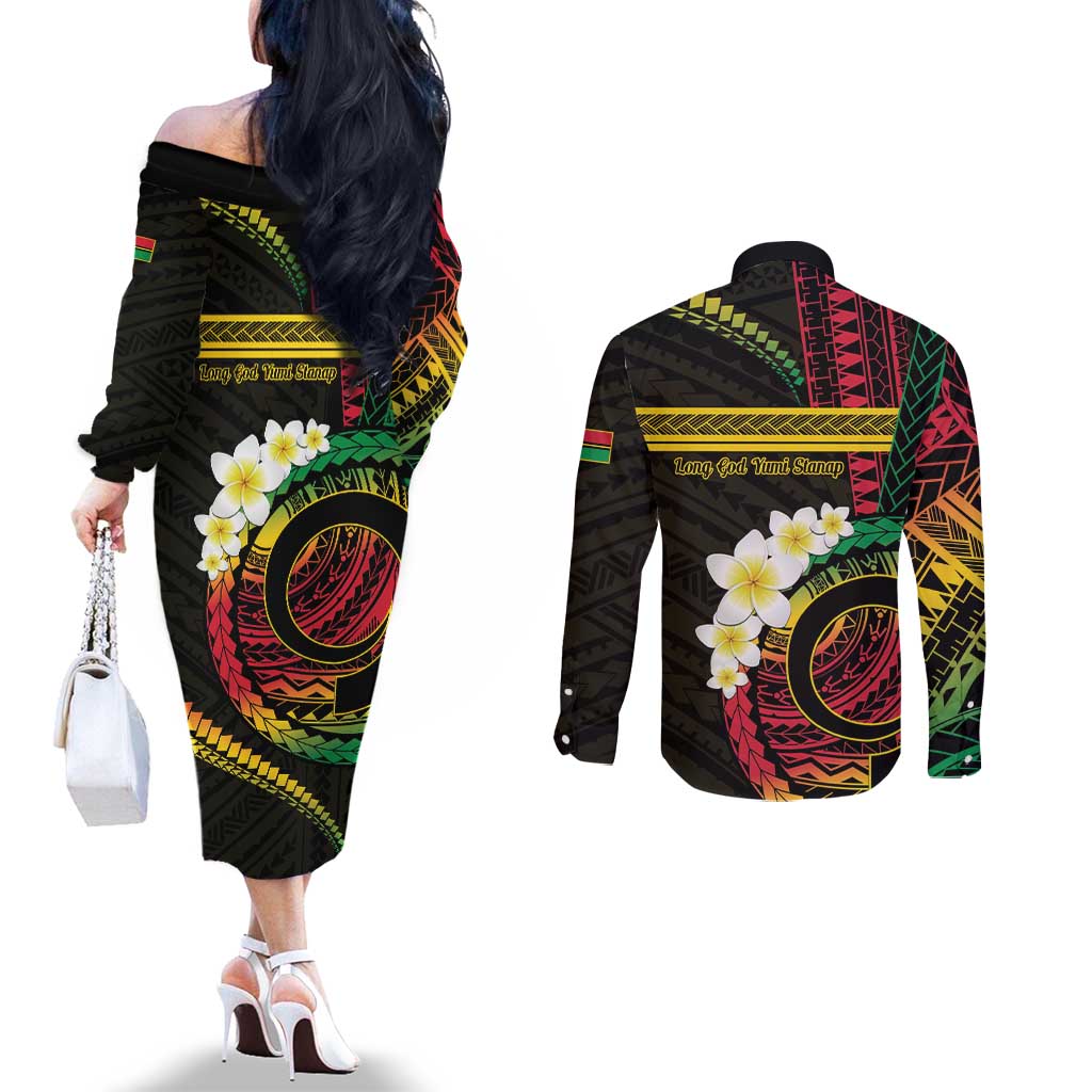 Vanuatu Independence Day Couples Matching Off The Shoulder Long Sleeve Dress and Long Sleeve Button Shirt Yumi 45th Hapi Indipendens Dei LT01