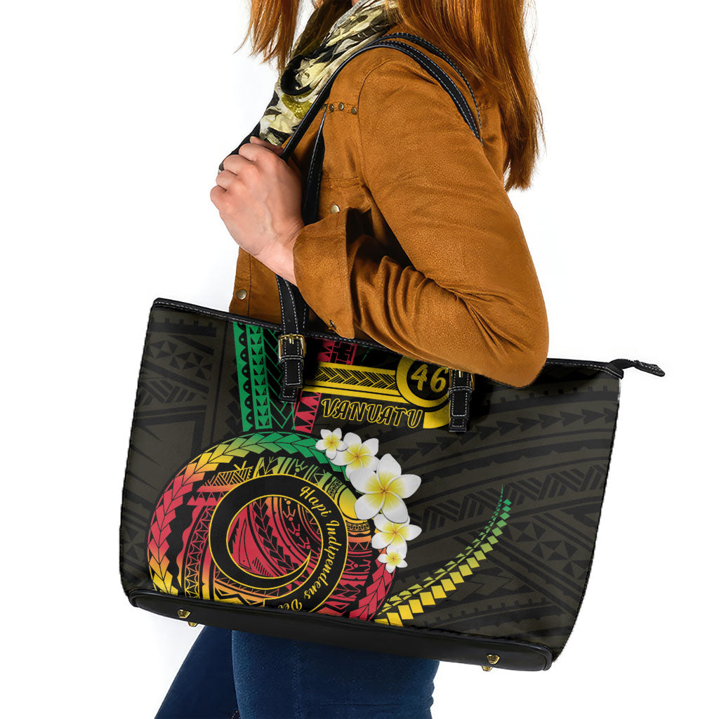 Vanuatu Independence Day Leather Tote Bag Yumi 46th Hapi Indipendens Dei LT01 Black - Polynesian Pride
