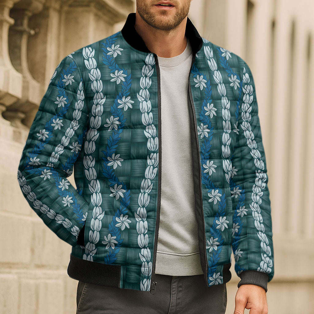 Pikake Maile Tiare Lei Bomber Puffer Jacket Polu Lauhala Pattern