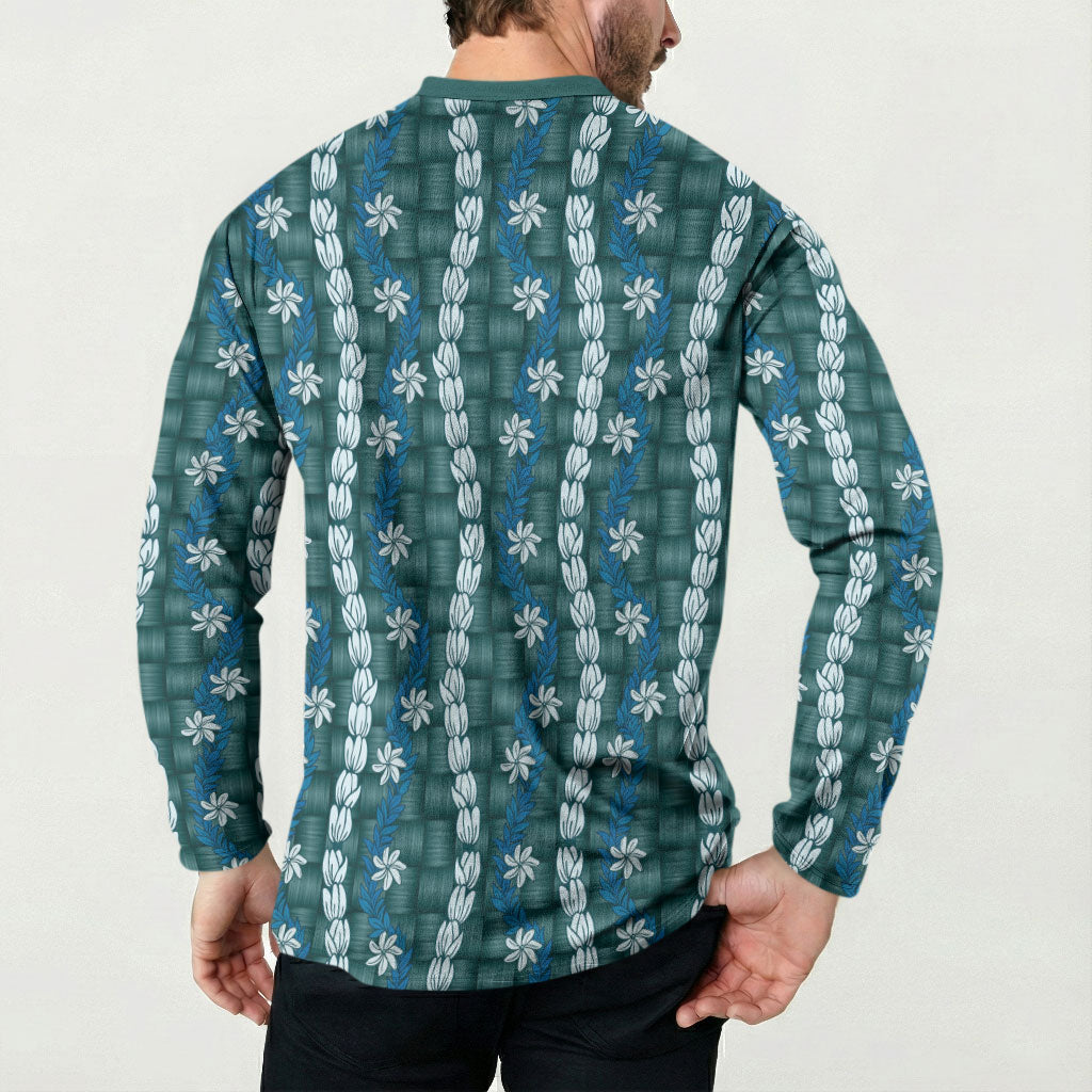 Pikake Maile Tiare Lei Button Sweatshirt Polu Lauhala Pattern
