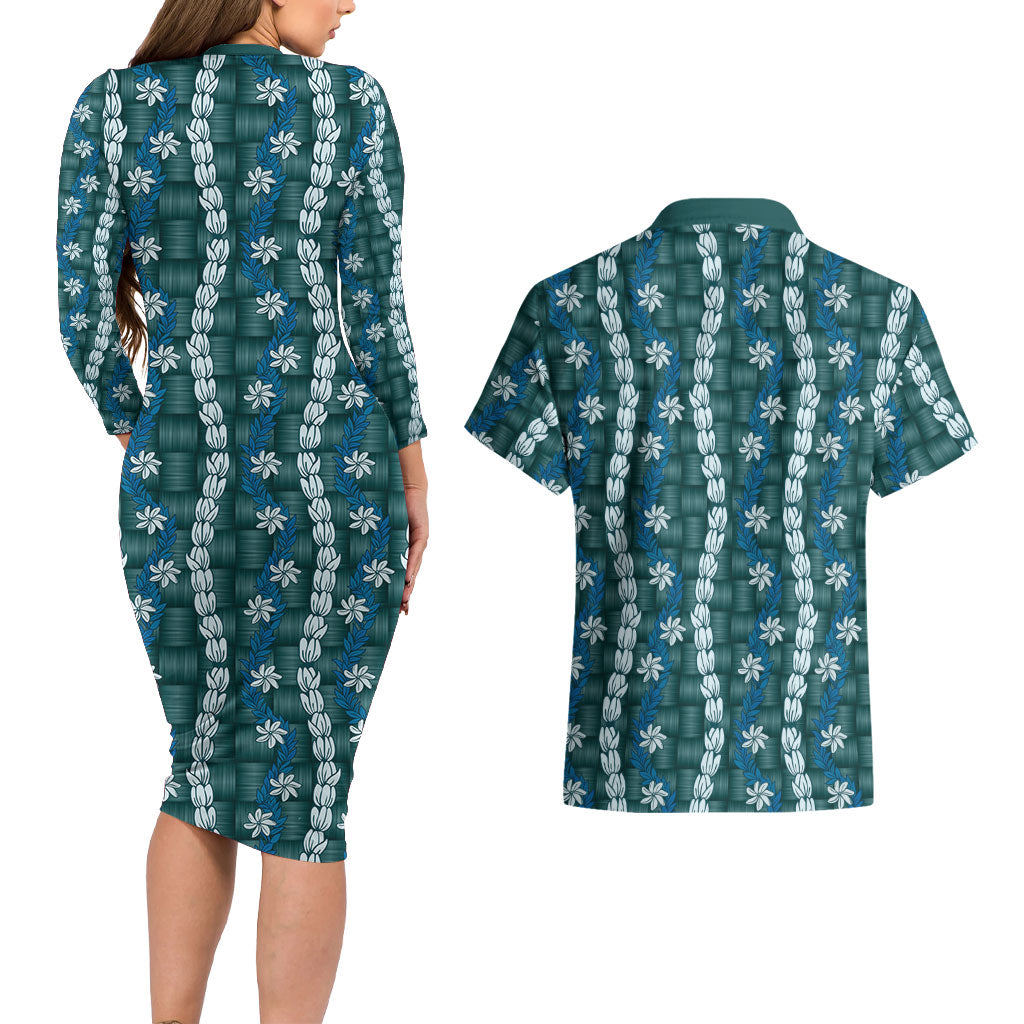 Pikake Maile Tiare Lei Couples Matching Long Sleeve Bodycon Dress and Hawaiian Shirt Polu Lauhala Pattern