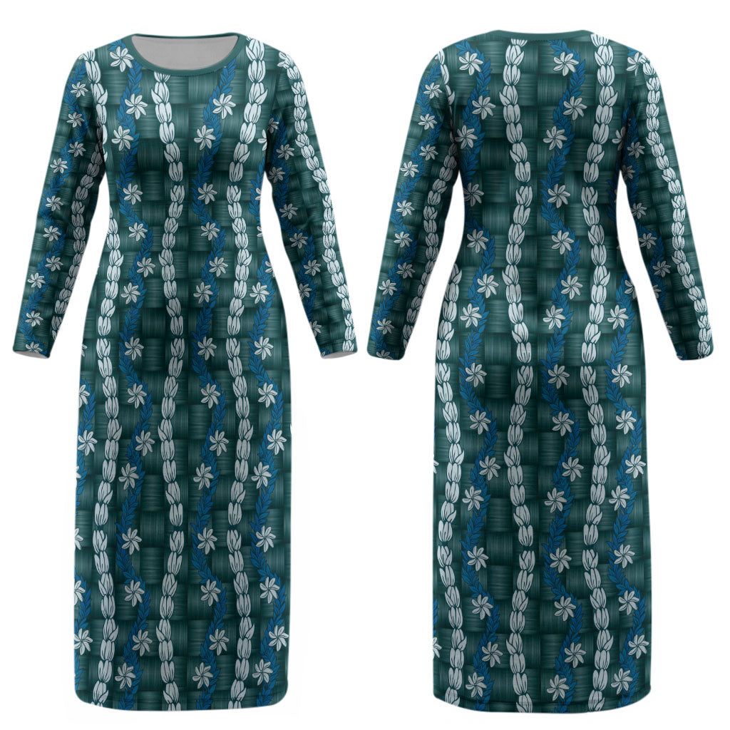 Pikake Maile Tiare Lei Couples Matching Long Sleeve Bodycon Dress and Hawaiian Shirt Polu Lauhala Pattern LT01 - Polynesian Pride