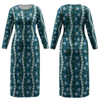 Pikake Maile Tiare Lei Couples Matching Long Sleeve Bodycon Dress and Hawaiian Shirt Polu Lauhala Pattern LT01 - Polynesian Pride
