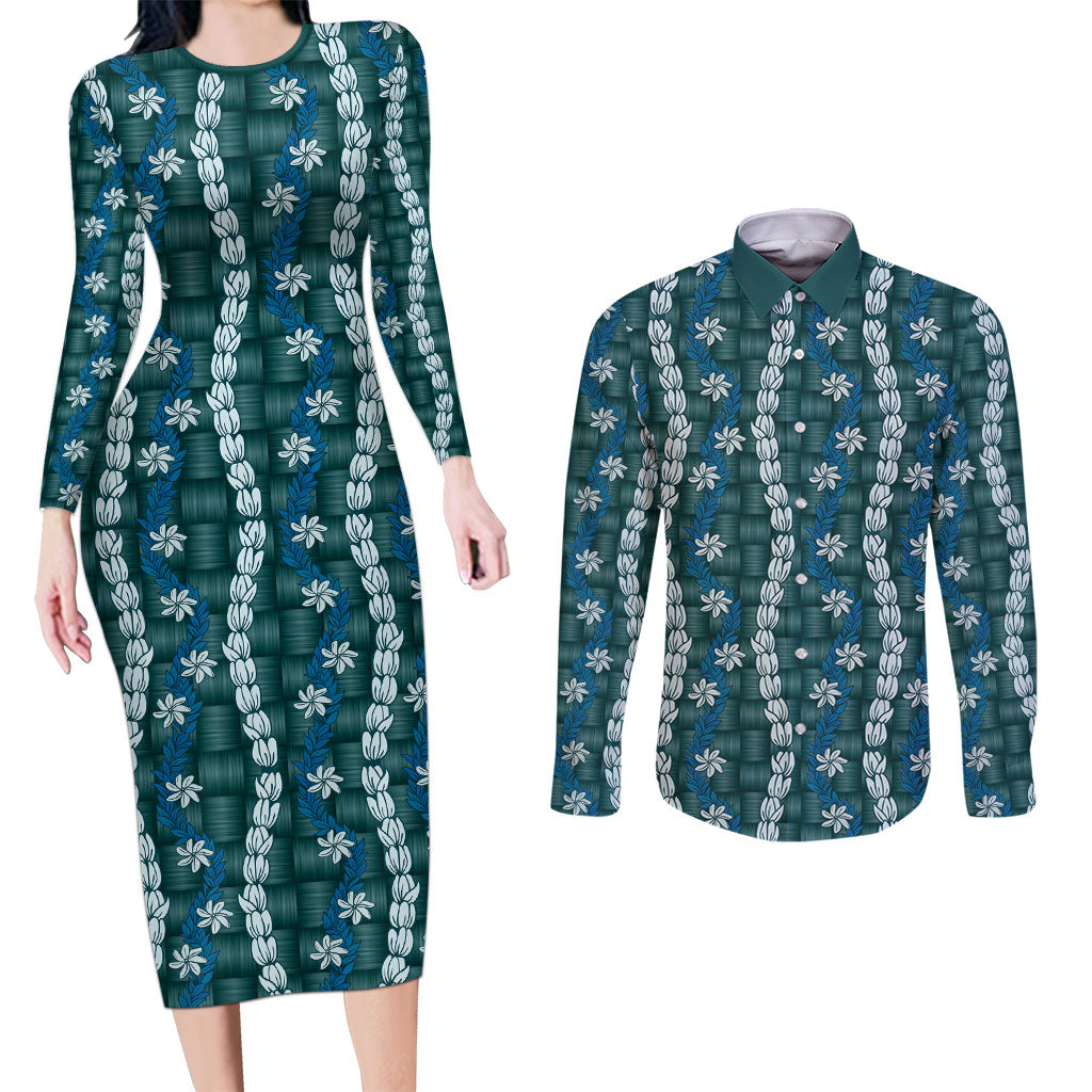Pikake Maile Tiare Lei Couples Matching Long Sleeve Bodycon Dress and Long Sleeve Button Shirt Polu Lauhala Pattern LT01 Blue - Polynesian Pride