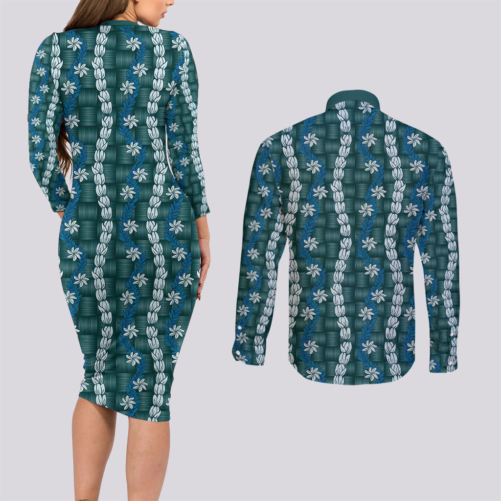 Pikake Maile Tiare Lei Couples Matching Long Sleeve Bodycon Dress and Long Sleeve Button Shirt Polu Lauhala Pattern
