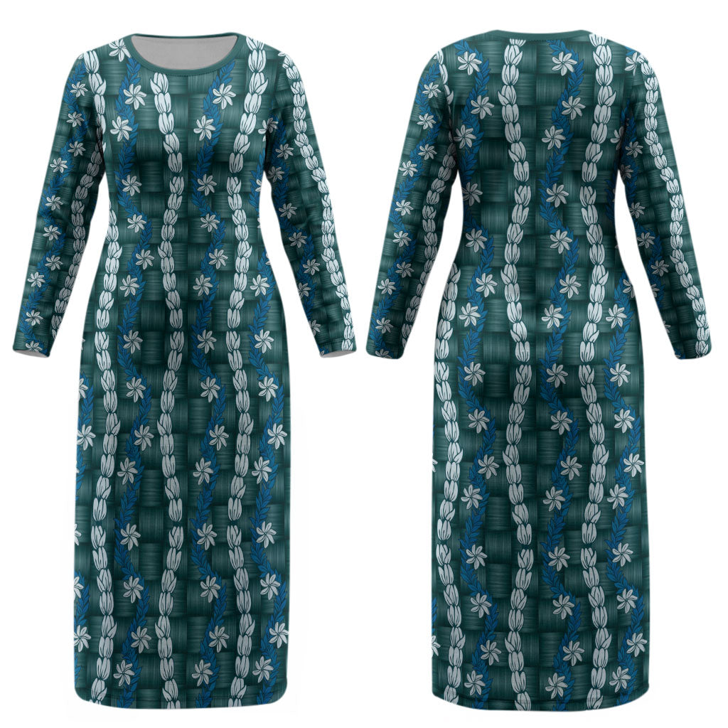 Pikake Maile Tiare Lei Couples Matching Long Sleeve Bodycon Dress and Long Sleeve Button Shirt Polu Lauhala Pattern LT01 - Polynesian Pride