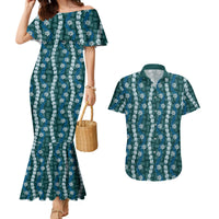 Pikake Maile Tiare Lei Couples Matching Mermaid Dress and Hawaiian Shirt Polu Lauhala Pattern