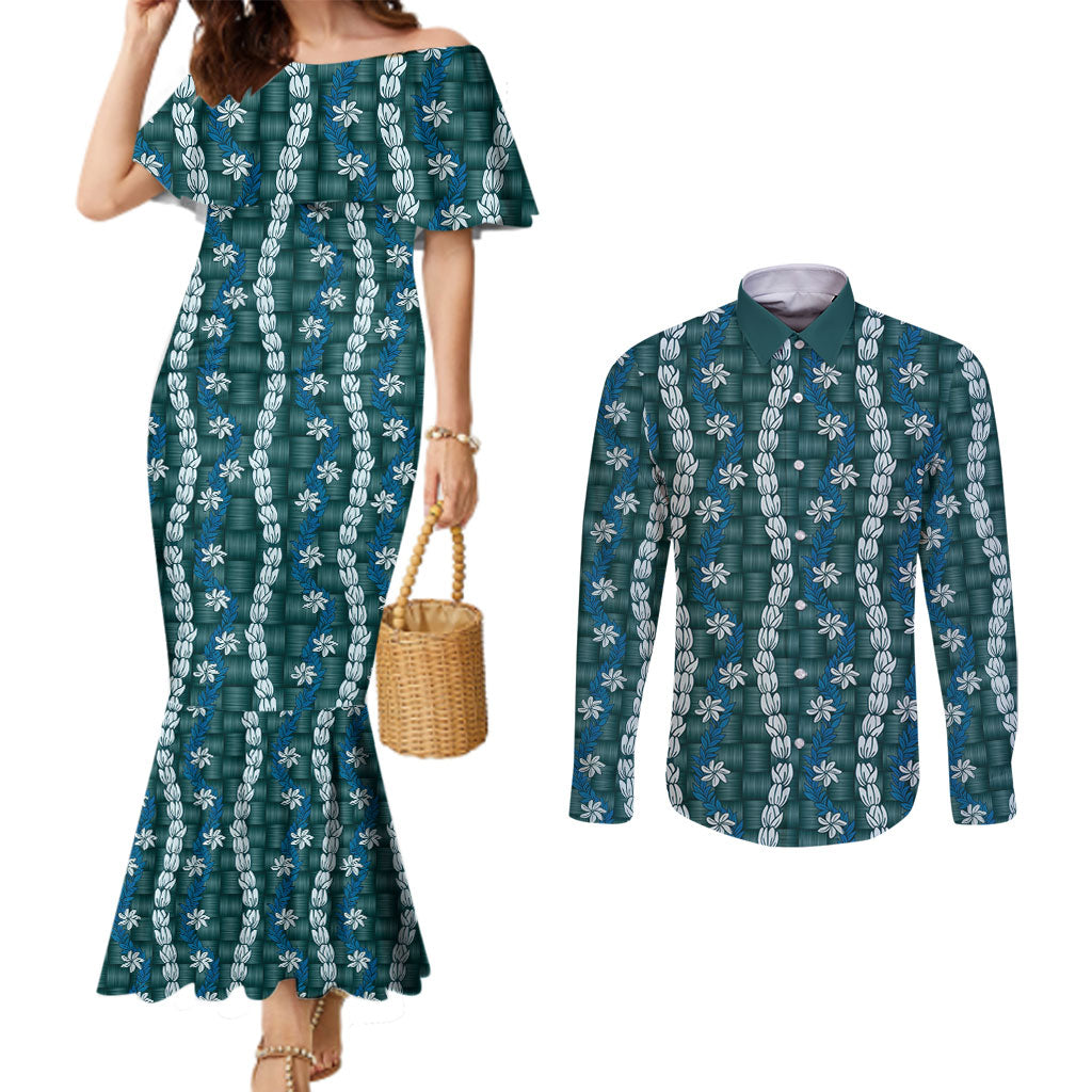 Pikake Maile Tiare Lei Couples Matching Mermaid Dress and Long Sleeve Button Shirt Polu Lauhala Pattern
