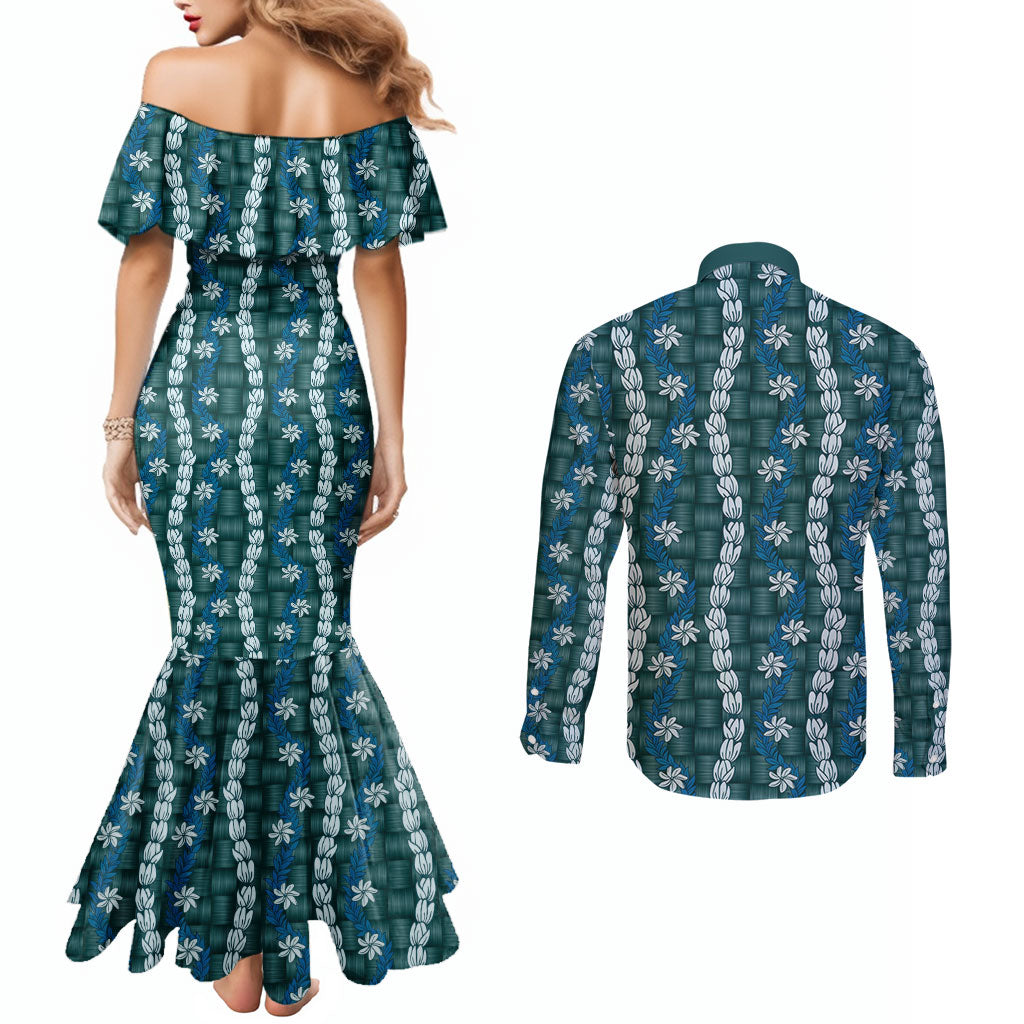 Pikake Maile Tiare Lei Couples Matching Mermaid Dress and Long Sleeve Button Shirt Polu Lauhala Pattern