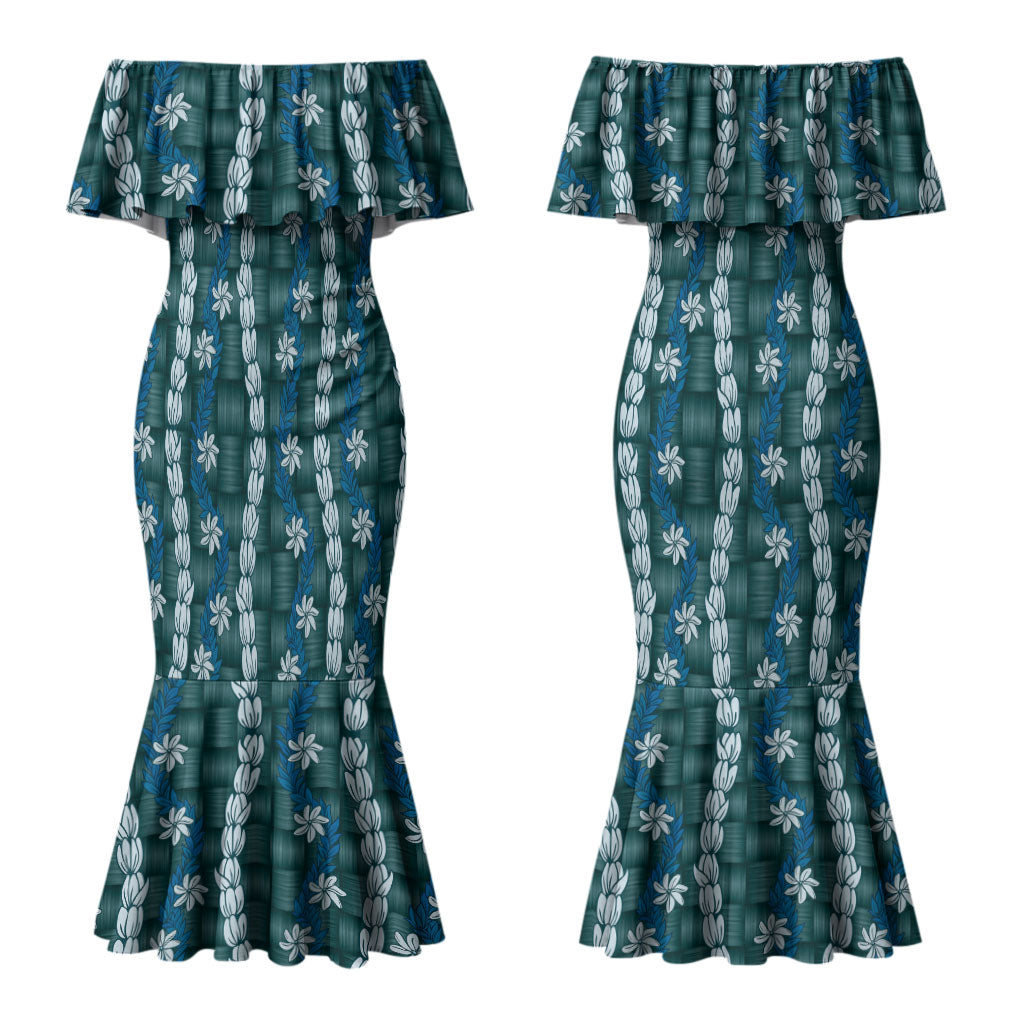 Pikake Maile Tiare Lei Couples Matching Mermaid Dress and Long Sleeve Button Shirt Polu Lauhala Pattern LT01 - Polynesian Pride