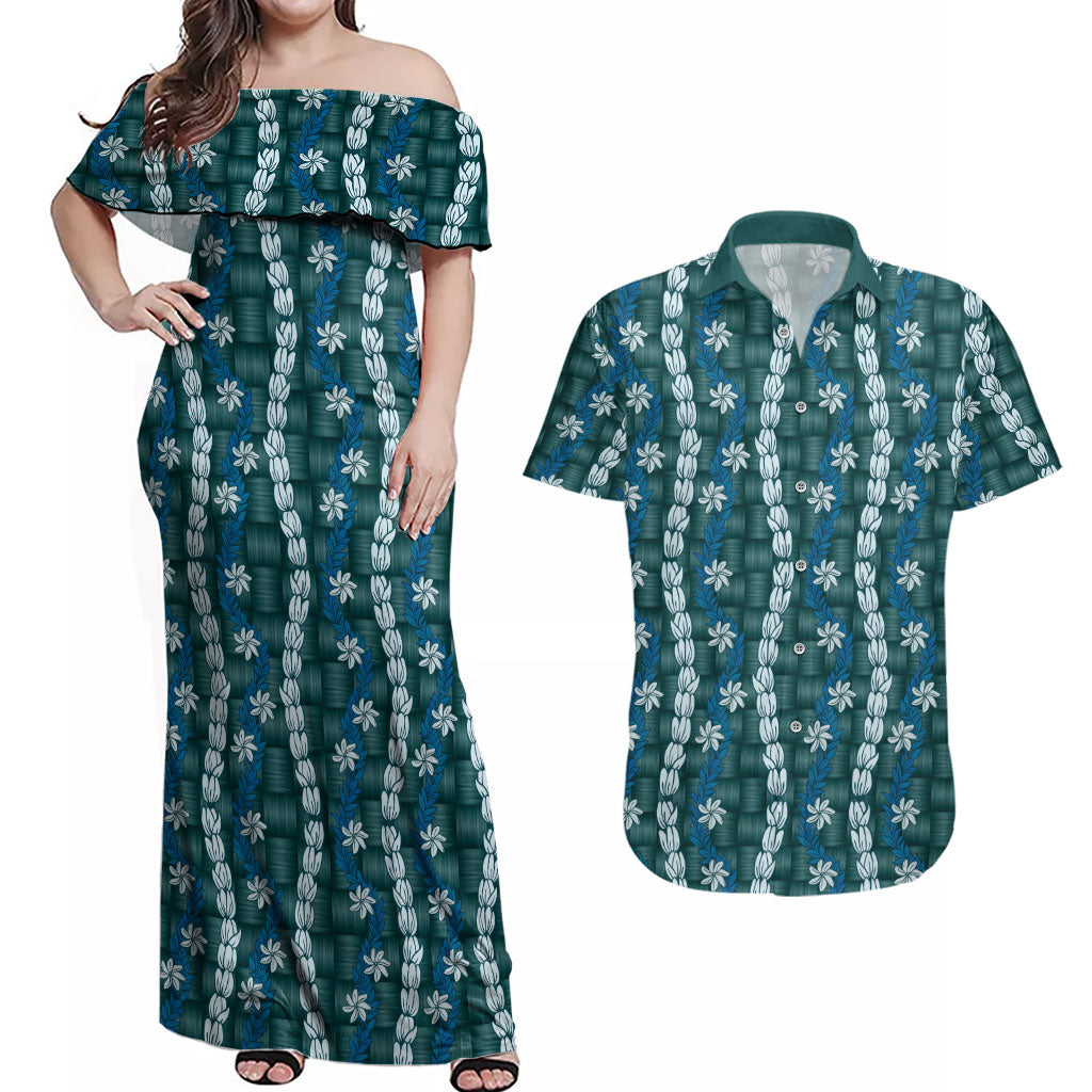 Pikake Maile Tiare Lei Couples Matching Off Shoulder Maxi Dress and Hawaiian Shirt Polu Lauhala Pattern LT01 Blue - Polynesian Pride