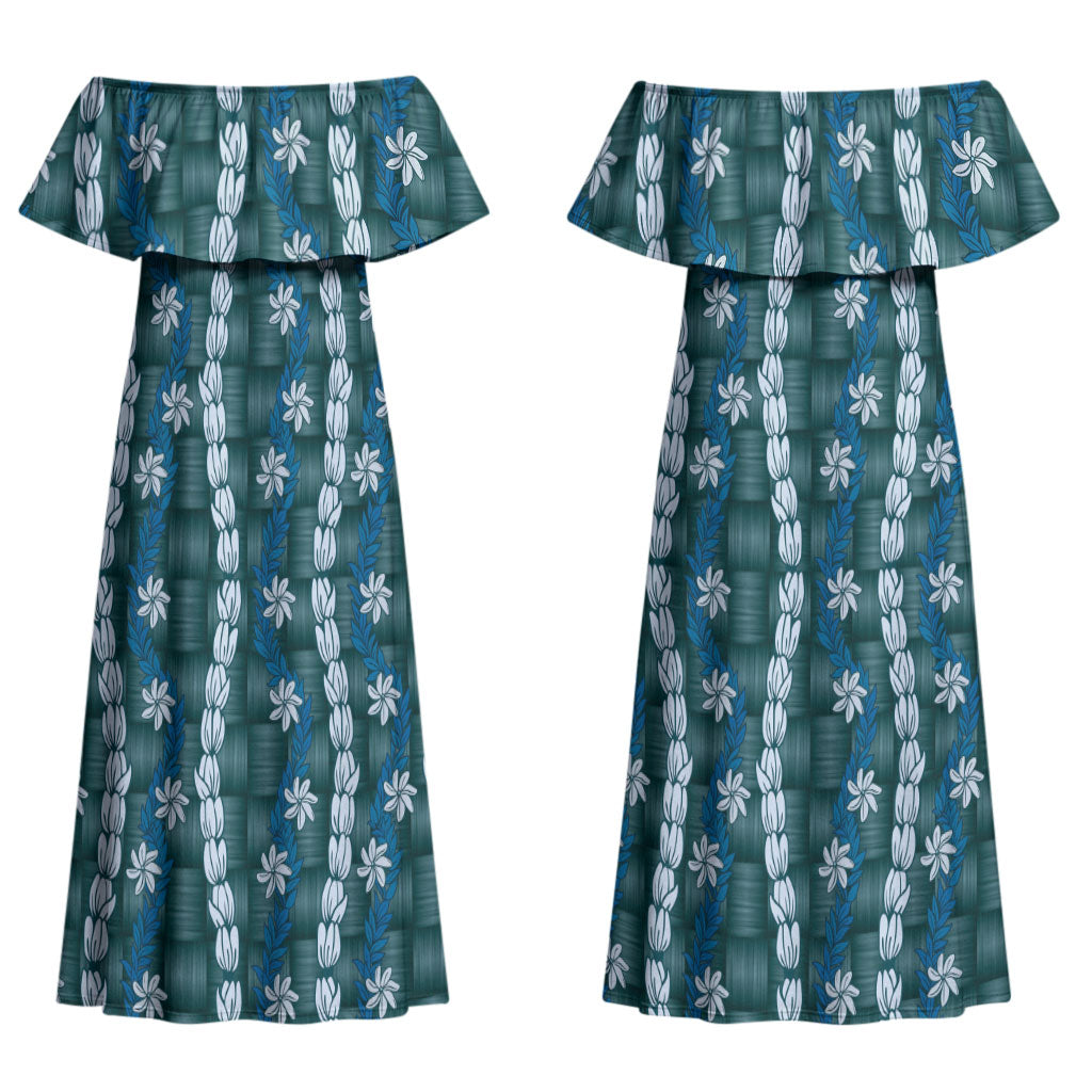 Pikake Maile Tiare Lei Couples Matching Off Shoulder Maxi Dress and Hawaiian Shirt Polu Lauhala Pattern LT01 - Polynesian Pride
