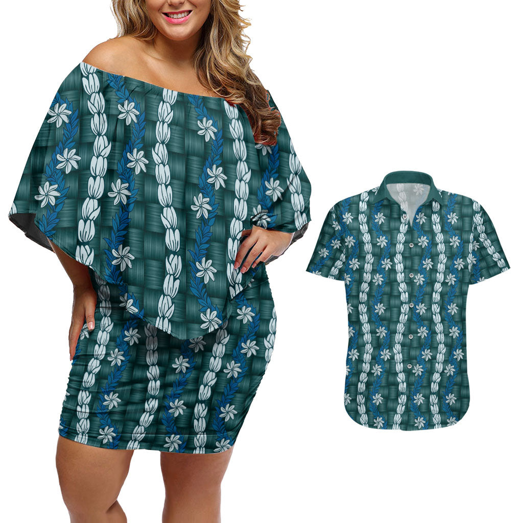 Pikake Maile Tiare Lei Couples Matching Off Shoulder Short Dress and Hawaiian Shirt Polu Lauhala Pattern