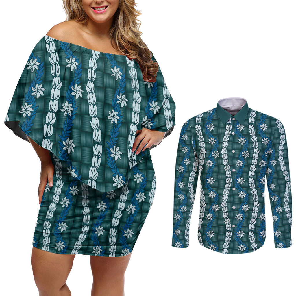 Pikake Maile Tiare Lei Couples Matching Off Shoulder Short Dress and Long Sleeve Button Shirt Polu Lauhala Pattern