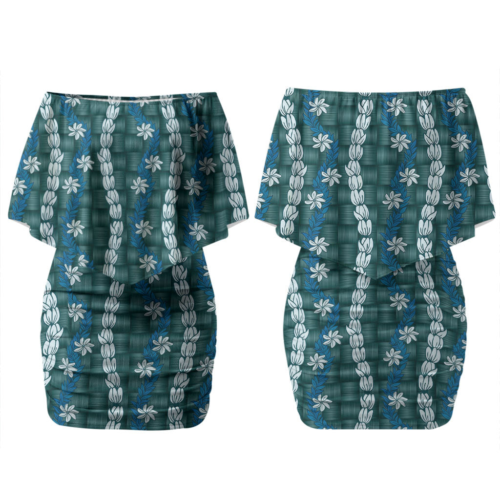 Pikake Maile Tiare Lei Couples Matching Off Shoulder Short Dress and Long Sleeve Button Shirt Polu Lauhala Pattern LT01 - Polynesian Pride