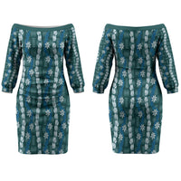 Pikake Maile Tiare Lei Couples Matching Off The Shoulder Long Sleeve Dress and Hawaiian Shirt Polu Lauhala Pattern LT01 - Polynesian Pride