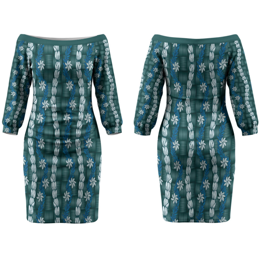 Pikake Maile Tiare Lei Couples Matching Off The Shoulder Long Sleeve Dress and Long Sleeve Button Shirt Polu Lauhala Pattern LT01 - Polynesian Pride