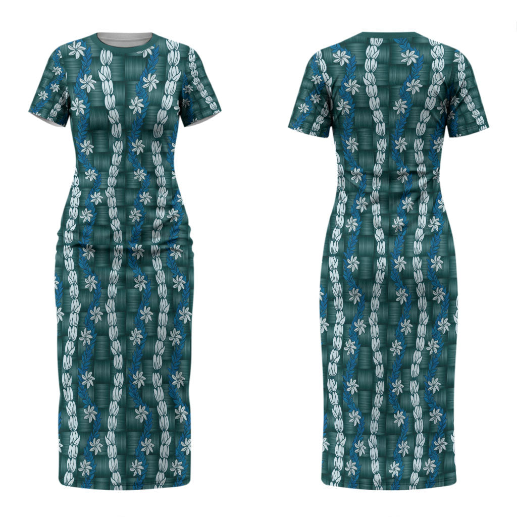 Pikake Maile Tiare Lei Couples Matching Short Sleeve Bodycon Dress and Hawaiian Shirt Polu Lauhala Pattern LT01 - Polynesian Pride