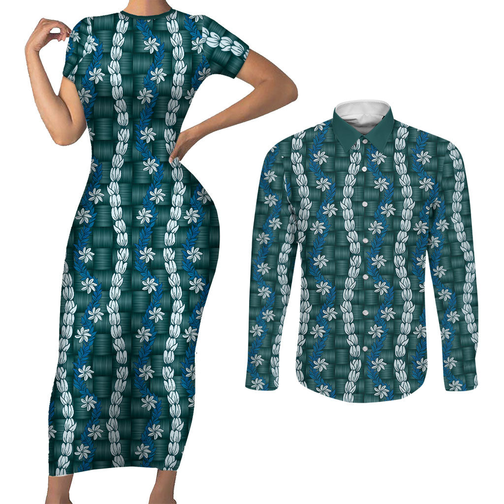 Pikake Maile Tiare Lei Couples Matching Short Sleeve Bodycon Dress and Long Sleeve Button Shirt Polu Lauhala Pattern LT01 Blue - Polynesian Pride