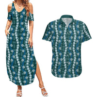 Pikake Maile Tiare Lei Couples Matching Summer Maxi Dress and Hawaiian Shirt Polu Lauhala Pattern