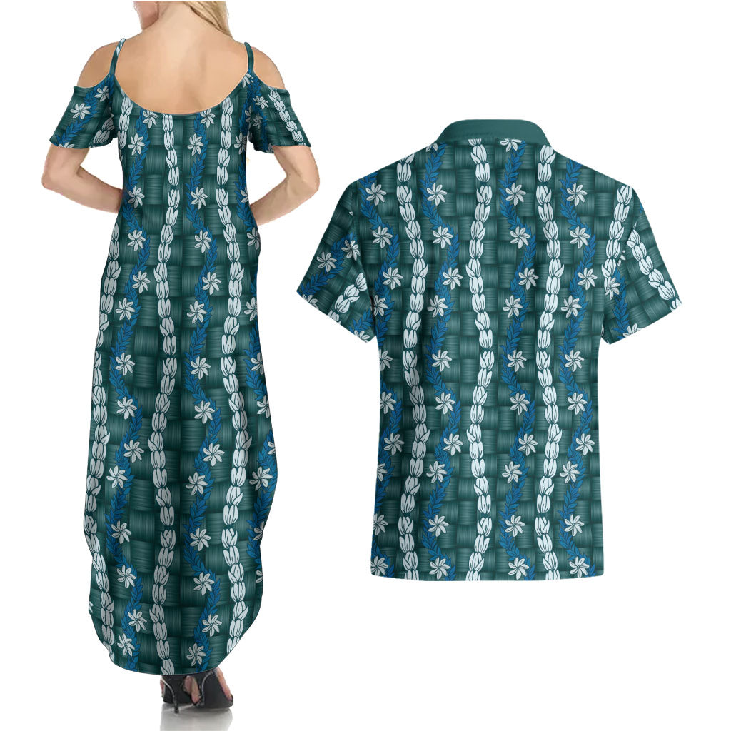 Pikake Maile Tiare Lei Couples Matching Summer Maxi Dress and Hawaiian Shirt Polu Lauhala Pattern