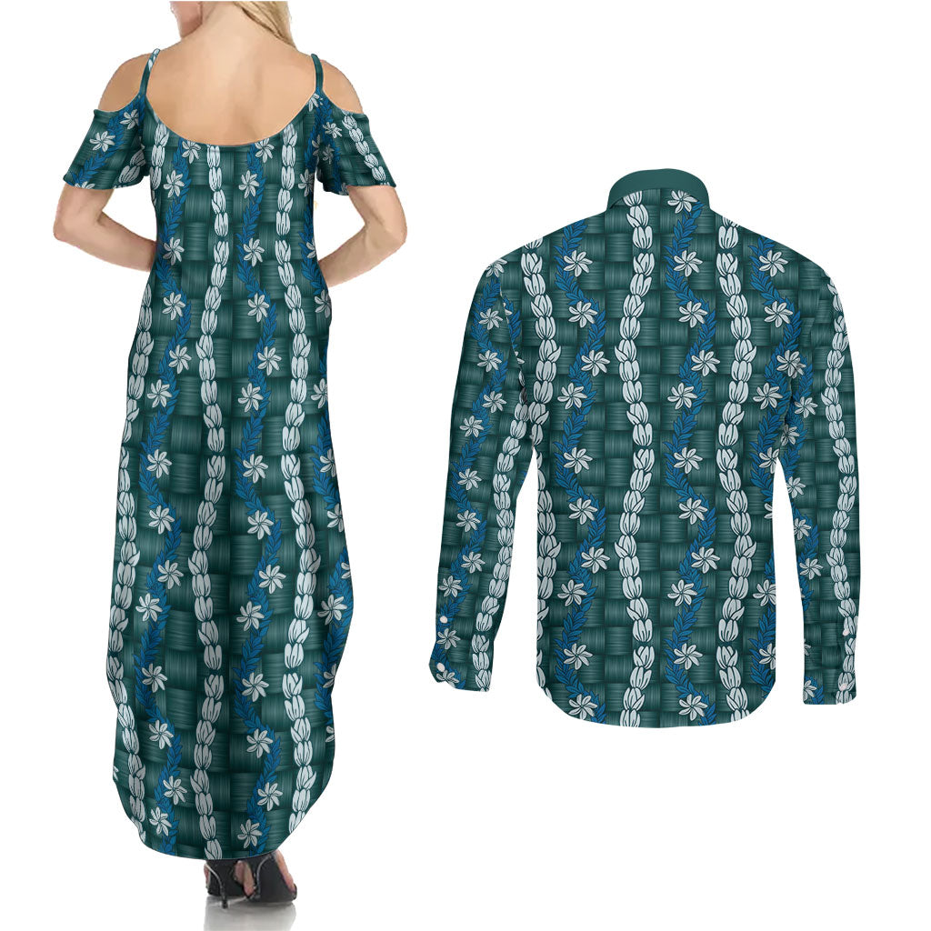 Pikake Maile Tiare Lei Couples Matching Summer Maxi Dress and Long Sleeve Button Shirt Polu Lauhala Pattern
