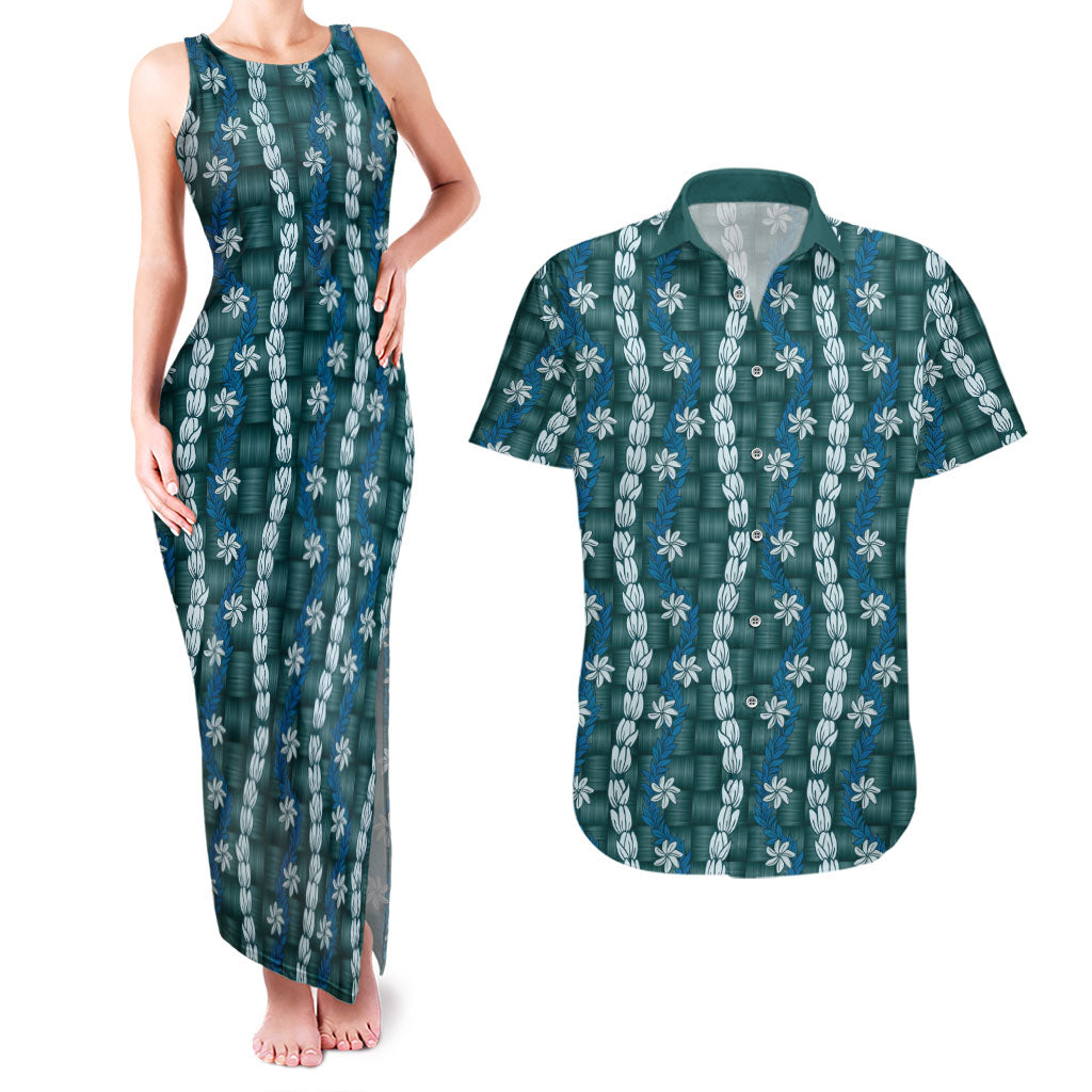 Pikake Maile Tiare Lei Couples Matching Tank Maxi Dress and Hawaiian Shirt Polu Lauhala Pattern