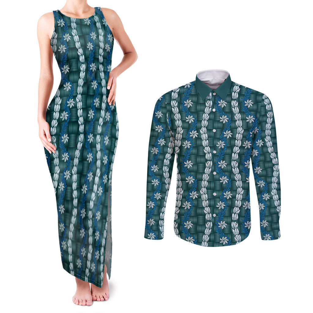 Pikake Maile Tiare Lei Couples Matching Tank Maxi Dress and Long Sleeve Button Shirt Polu Lauhala Pattern LT01 Blue - Polynesian Pride