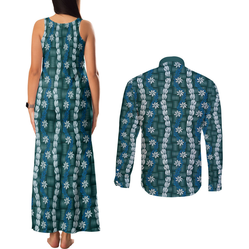 Pikake Maile Tiare Lei Couples Matching Tank Maxi Dress and Long Sleeve Button Shirt Polu Lauhala Pattern