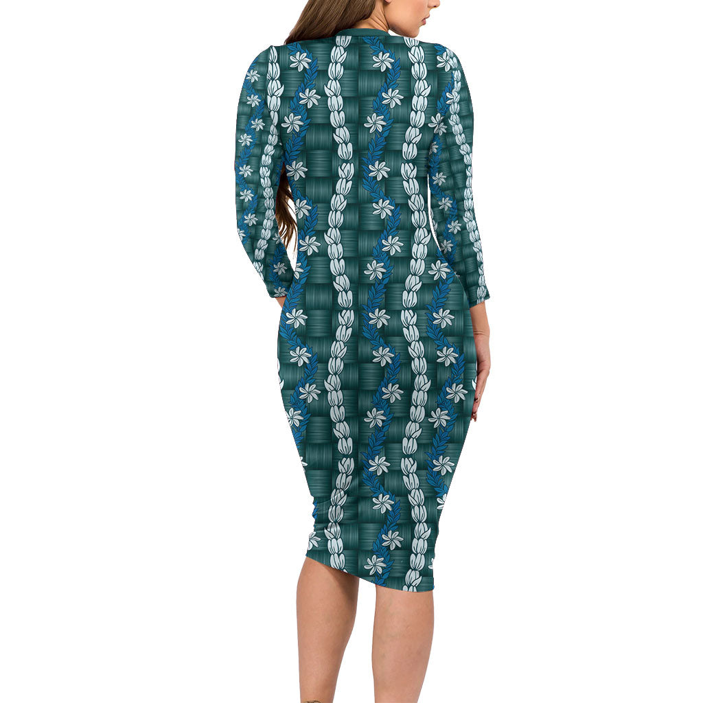Pikake Maile Tiare Lei Family Matching Long Sleeve Bodycon Dress and Hawaiian Shirt Polu Lauhala Pattern
