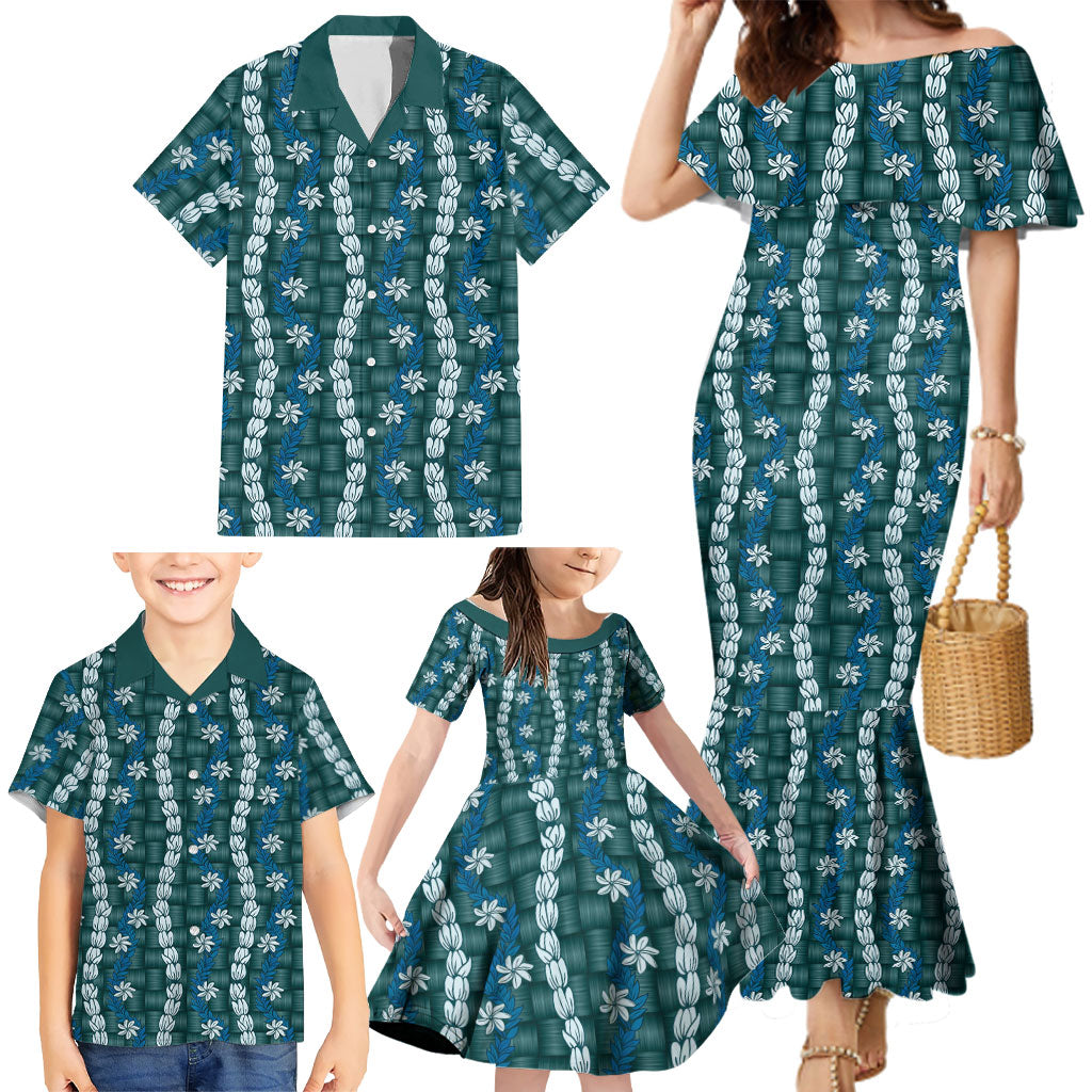 Pikake Maile Tiare Lei Family Matching Mermaid Dress and Hawaiian Shirt Polu Lauhala Pattern LT01 - Polynesian Pride