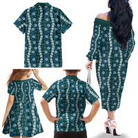 Pikake Maile Tiare Lei Family Matching Off The Shoulder Long Sleeve Dress and Hawaiian Shirt Polu Lauhala Pattern