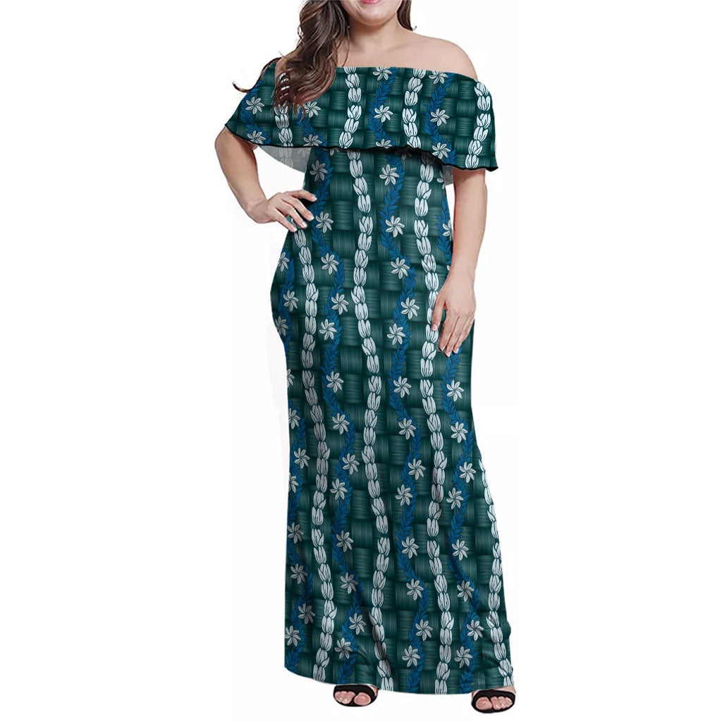 Pikake Maile Tiare Lei Family Matching Off Shoulder Maxi Dress and Hawaiian Shirt Polu Lauhala Pattern
