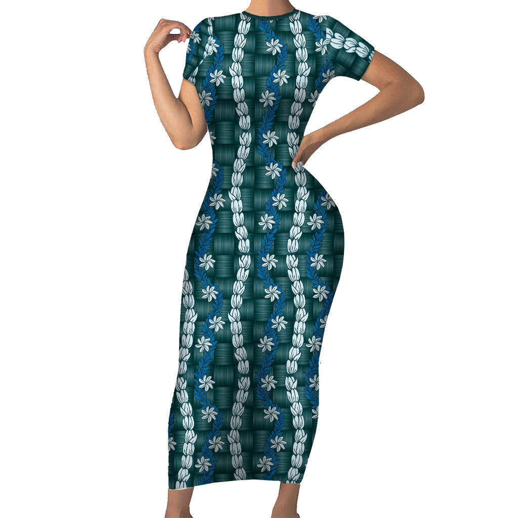 Pikake Maile Tiare Lei Family Matching Short Sleeve Bodycon Dress and Hawaiian Shirt Polu Lauhala Pattern