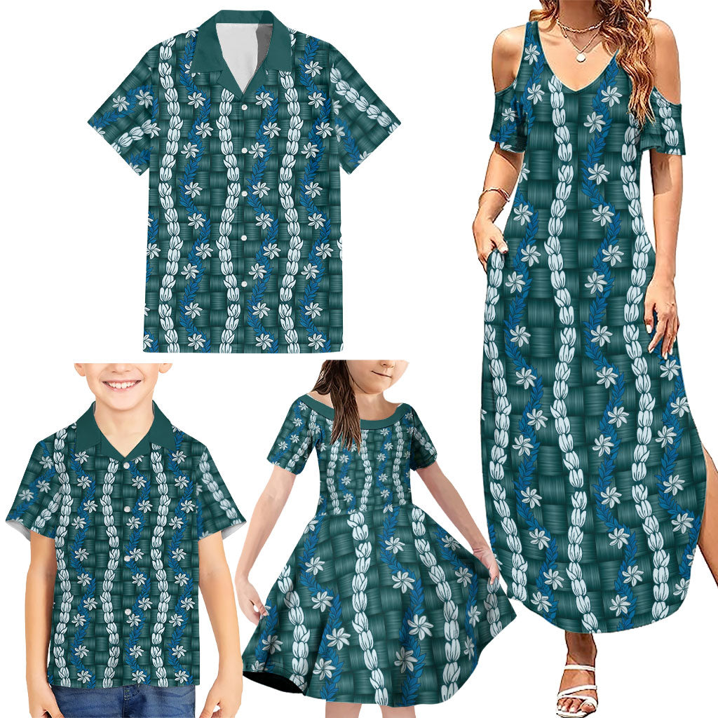 Pikake Maile Tiare Lei Family Matching Summer Maxi Dress and Hawaiian Shirt Polu Lauhala Pattern