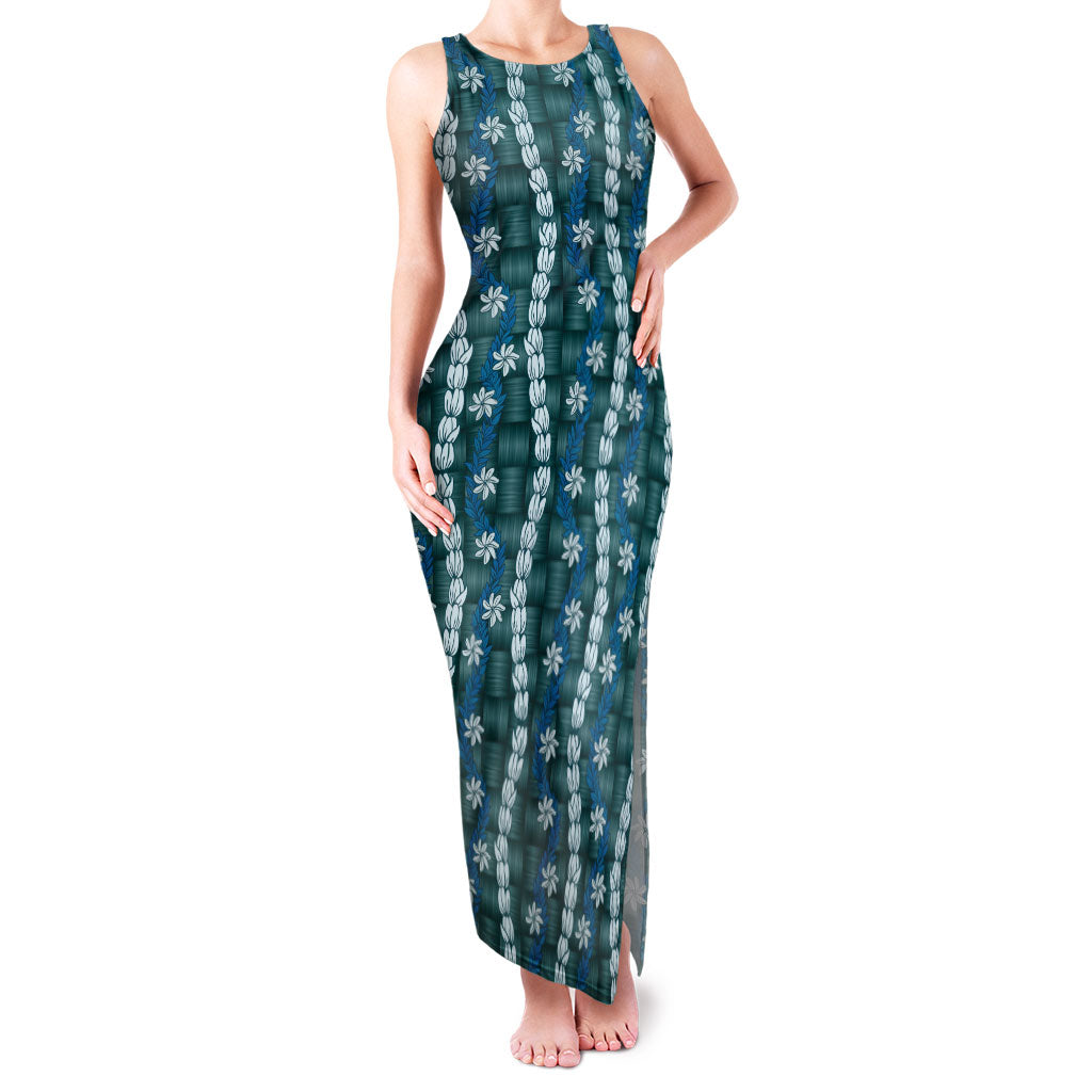 Pikake Maile Tiare Lei Family Matching Tank Maxi Dress and Hawaiian Shirt Polu Lauhala Pattern