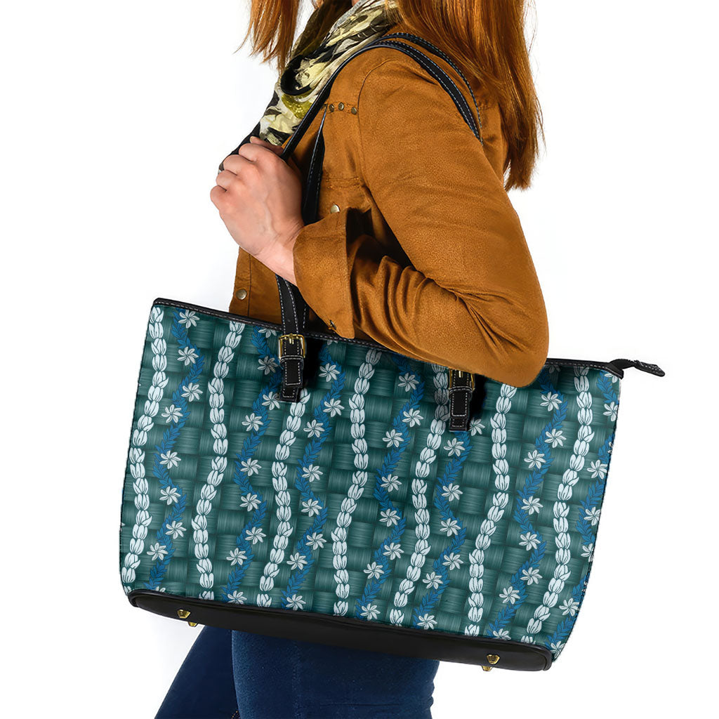Pikake Maile Tiare Lei Leather Tote Bag Polu Lauhala Pattern