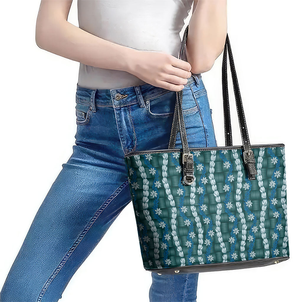Pikake Maile Tiare Lei Leather Tote Bag Polu Lauhala Pattern