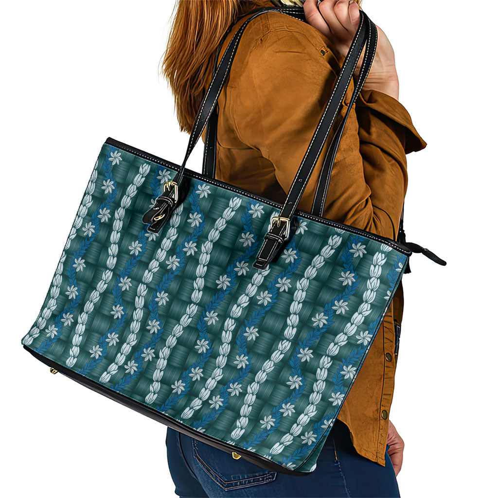 Pikake Maile Tiare Lei Leather Tote Bag Polu Lauhala Pattern