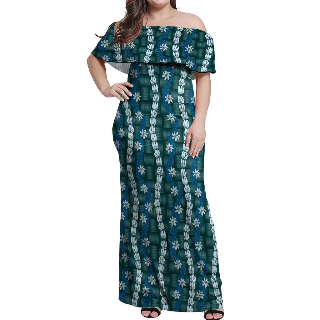 Pikake Maile Tiare Lei Off Shoulder Maxi Dress Polu Lauhala Pattern