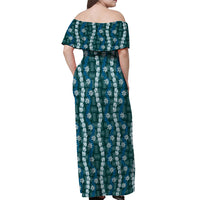 Pikake Maile Tiare Lei Off Shoulder Maxi Dress Polu Lauhala Pattern