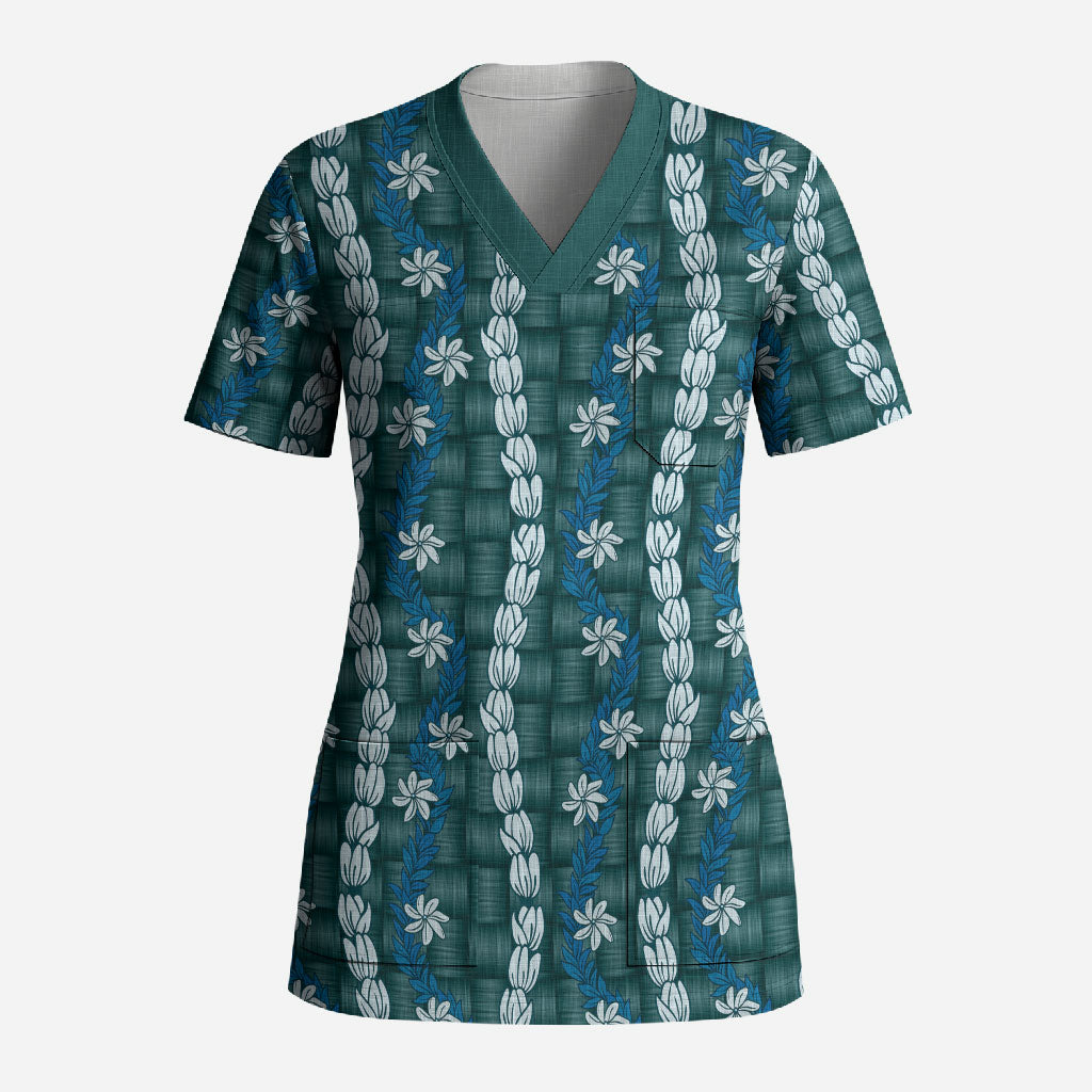 Pikake Maile Tiare Lei Scrub Top Polu Lauhala Pattern