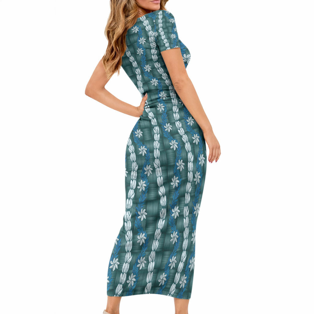Pikake Maile Tiare Lei Short Sleeve Bodycon Dress Polu Lauhala Pattern LT01 - Polynesian Pride