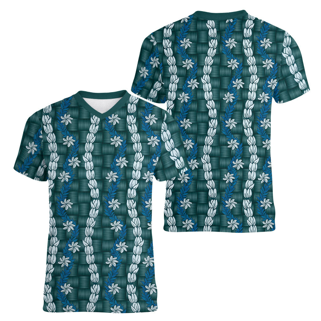 Pikake Maile Tiare Lei Women V-Neck T-Shirt Polu Lauhala Pattern