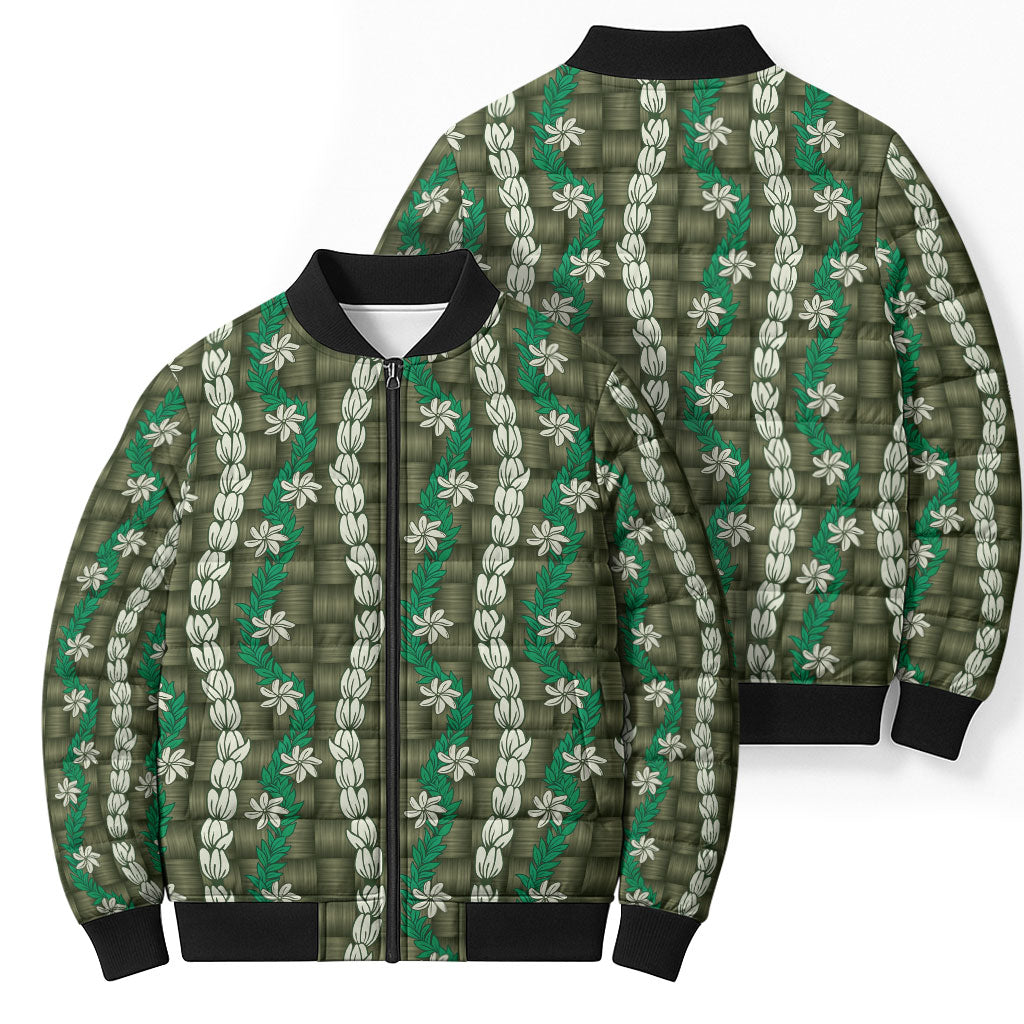 Pikake Maile Tiare Lei Bomber Puffer Jacket Omaomao Lauhala Pattern