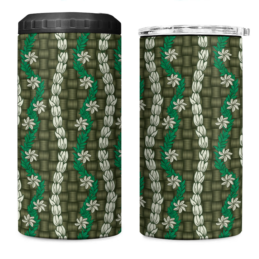 Pikake Maile Tiare Lei 4 in 1 Can Cooler Tumbler Omaomao Lauhala Pattern